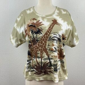 Vintage 90s Y2K Leslie Fay Giraffe T-Shirt Knit Top Medium Short Sleeves African